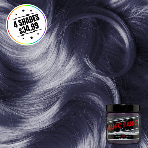 A jar of Alien grey hair color with a hair swatch background. Sticker states buy 4 shades for $34.99