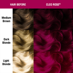 Before and after comparison chart showing hair color transformation using MANIC PANIC shade Cleo Rose