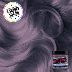 A jar of Amethyst Ashes hair color with a hair swatch background. Sticker states buy 4 shades for $34.99