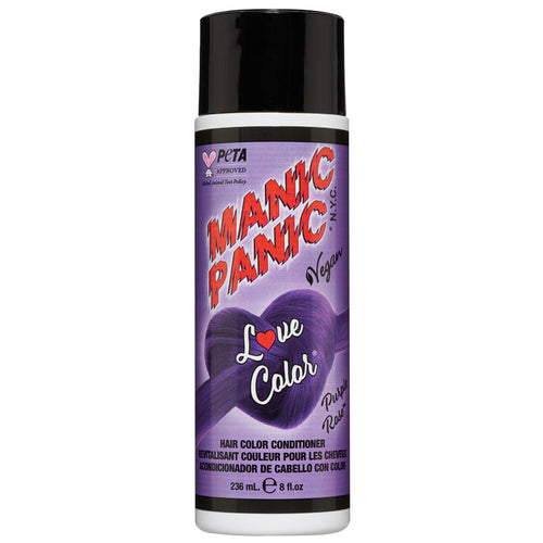 A bottle of Manic Panic® NEW! LOVE COLOR™ PURPLE ROSE CONDITIONER. The label features bright purple graphics and indicates the product is vegan.