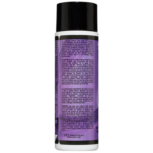 A bottle of Manic Panic® NEW! LOVE COLOR™ PURPLE ROSE CONDITIONER with a purple label detailing usage instructions and ingredients in white text. The brand name and website are visible at the bottom.