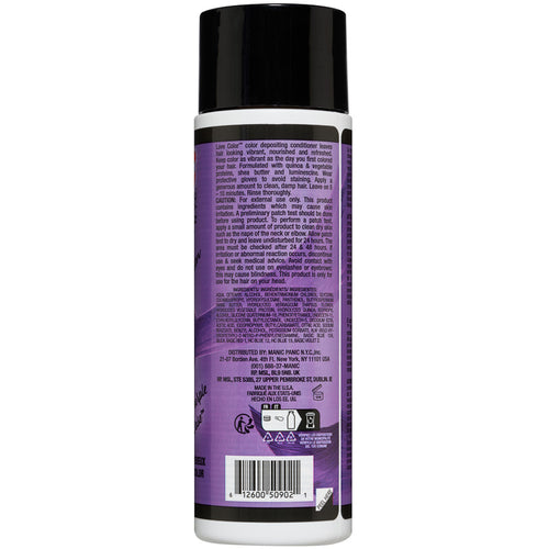 Back view of a cylindrical Manic Panic® Love color product container featuring detailed product information, instructions, and barcodes on a purple label with white and black text.
