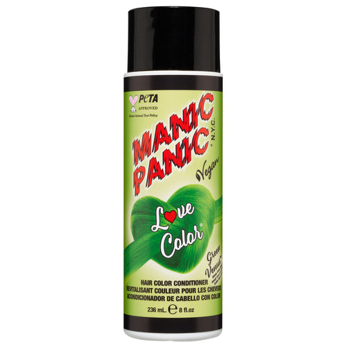 A bottle of Manic Panic® LOVE COLOR™ GREEN VENUS™ CONDITIONER, featuring green leaf graphics and vegan certification logos on the label.