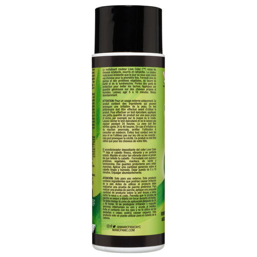A close-up image of the back of a cylindrical Manic Panic® LOVE COLOR™ GREEN VENUS™ CONDITIONER container, showing detailed product instructions and ingredients in small green text on a label.