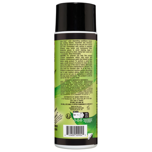 Rear view of a black bottle of Manic Panic® LOVE COLOR™ GREEN VENUS™ CONDITIONER with green labels showing product details, ingredients, and barcode.