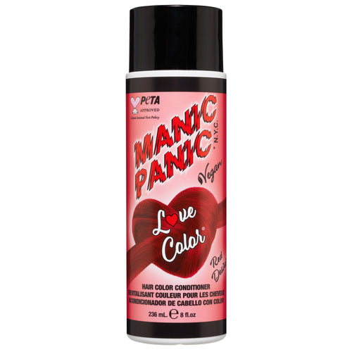 A can of Manic Panic® LOVE COLOR™ RED DESIRE CONDITIONER vegan hair color conditioner in the shade "Red Velvet," featuring a bright red and black label. The container states it contains 236 mL of product and is PETA approved.