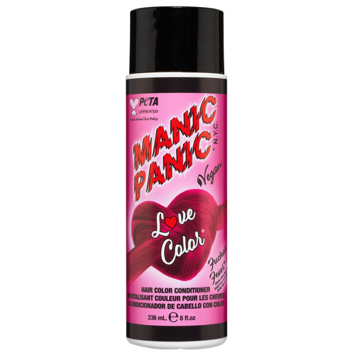 A bottle of Manic Panic® LOVE COLOR™ Fuchsia Fever hair conditioner in "Love Color" shade with a pink and black design, marked as vegan and PETA-approved, containing 236 mL of product.