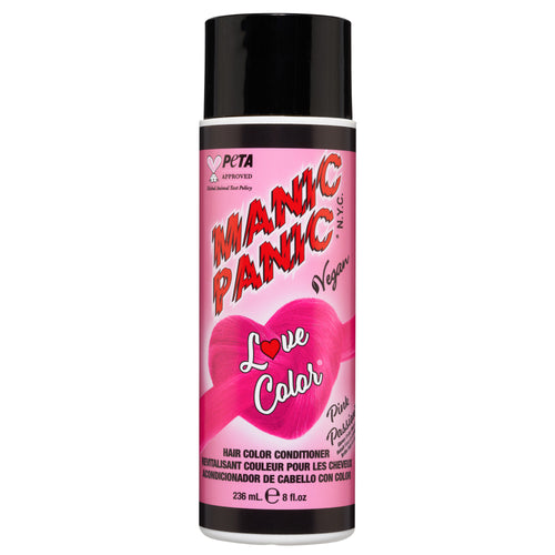 A can of Manic Panic® LOVE COLOR™ PINK PASSION CONDITIONER, featuring bright pink tones and labeled as vegan. The packaging is decorated with a heart and bold text.