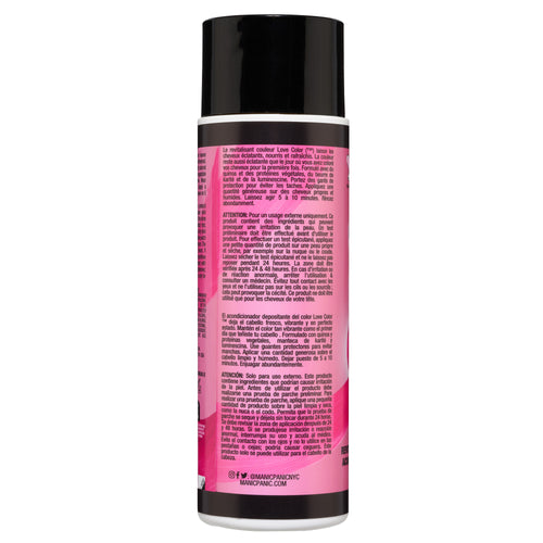 A cylindrical spray can labeled with Manic Panic Love Color Pink Passion Conditioner containing product information and instructions in multiple languages, with a black cap on top.