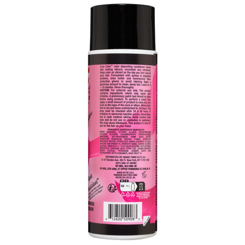 Back view of a Manic Panic® LOVE COLOR™ PINK PASSION CONDITIONER can with text and details on usage and ingredients, predominately in pink and black colors.