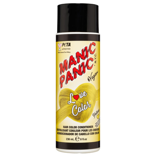 A bottle of "Manic Panic® LOVE COLOR™ YELLOW HEART™ CONDITIONER" in a black container with yellow accents and text, stating it's vegan.