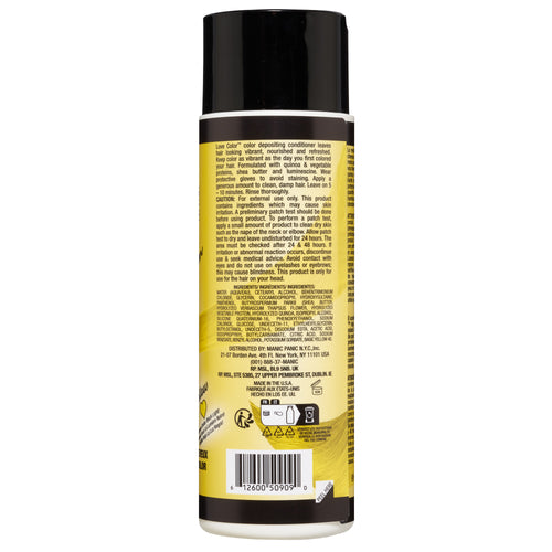 Back view of a black cylindrical hair conditioner bottle with a yellow label displaying Manic Panic® LOVE COLOR™ YELLOW HEART™ CONDITIONER, product information, barcode, and ingredients list.