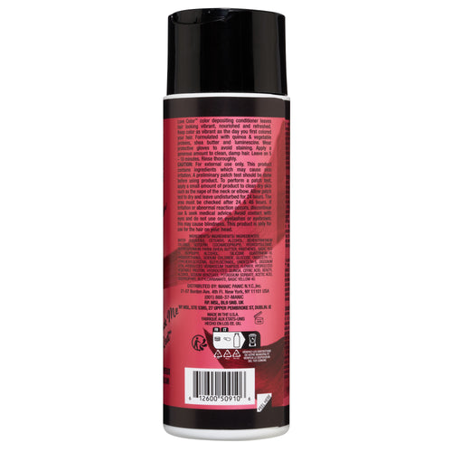 Back view of a Manic Panic Love Color™ Rock Me Red® conditioner product bottle displaying detailed usage instructions, ingredients, and barcode on a label.
