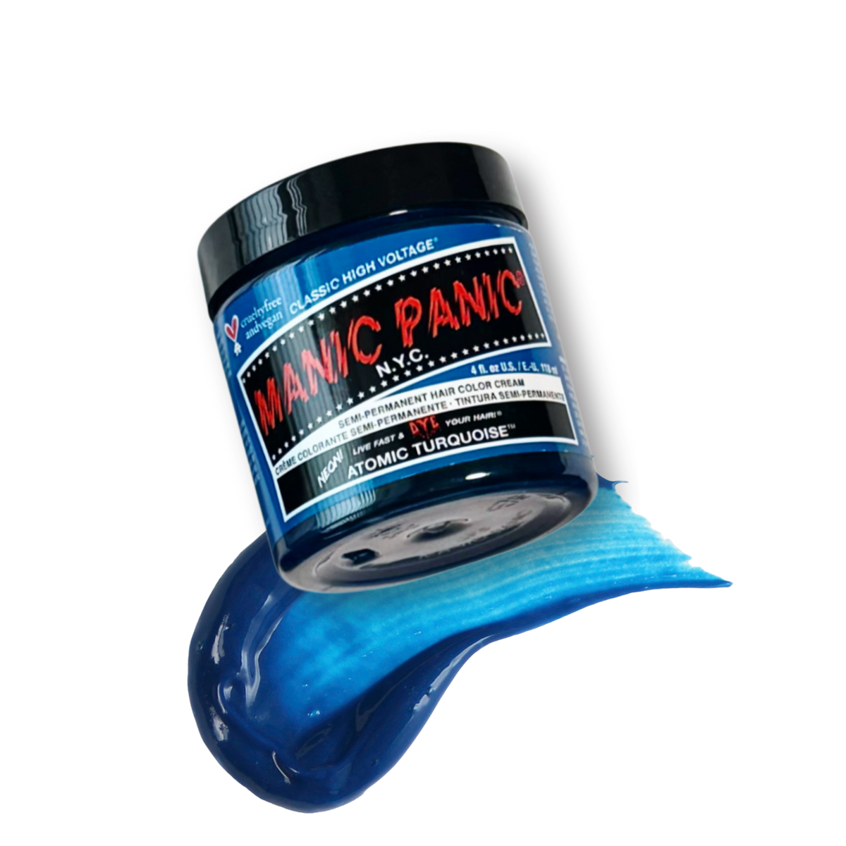 A jar of Manic Panic Atomic Turquoise semi-permanent blue hair dye, tilted over a glossy smear of the blue dye on a white background.
