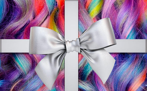 Rainbow hair with a silver bow signifying a gift card