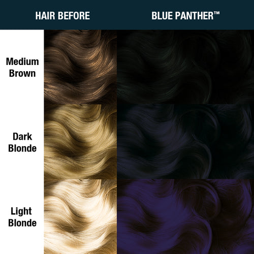 Before and after comparison chart showing hair color transformation using MANIC PANIC shade Blue Panther™ - Amplified™