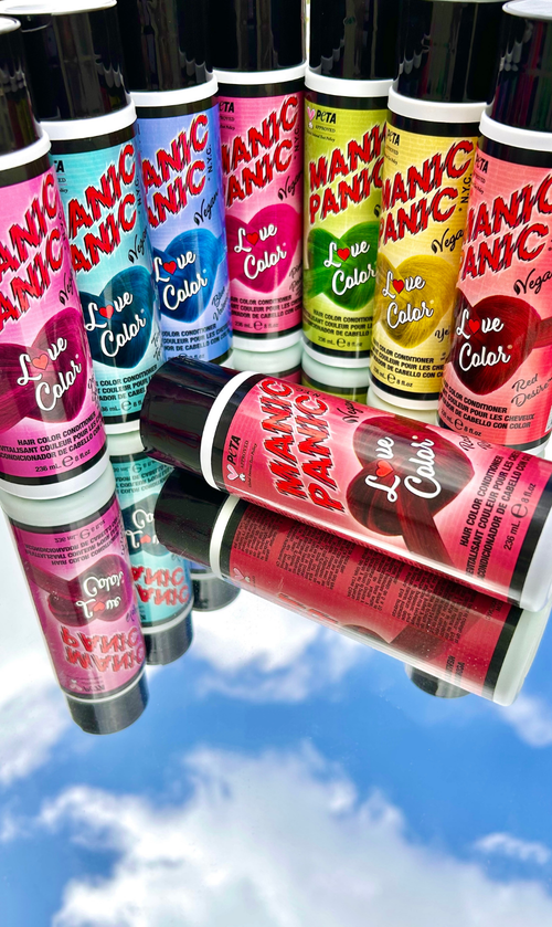 manic-panic love color color depositing conditoner bottles on a cloud background