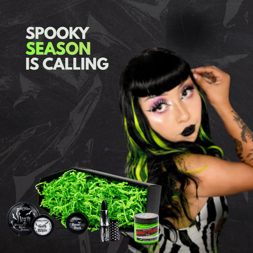Red-haired woman in armor with bold makeup, Halloween Shop banner.