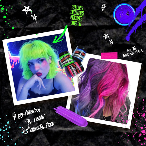 Collage with neon green hair glowing under blacklight and pink-purple ombre waves, Manic Panic dye jars, and neon graphics highlighting vegan, cruelty-free, DIY hair color for bold self-expression