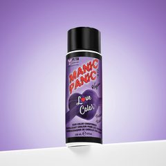 A bottle of Manic Panic® LOVE COLOR™ PURPLE ROSE® conditioner. The packaging features red and blue graphics with text emphasizing the vegan formulation.