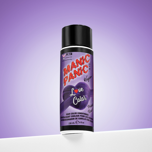 A bottle of Manic Panic® LOVE COLOR™ PURPLE ROSE® conditioner. The packaging features red and blue graphics with text emphasizing the vegan formulation.