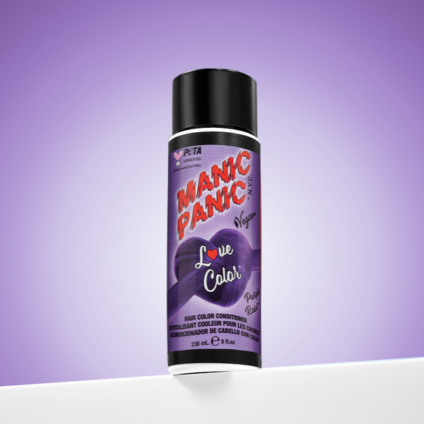 A bottle of Manic Panic® LOVE COLOR™ PURPLE ROSE® conditioner. The packaging features red and blue graphics with text emphasizing the vegan formulation.