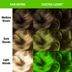 Before and after comparison chart showing hair color transformation using MANIC PANIC shade Electric Lizard