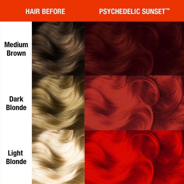 Before and after comparison chart showing hair color transformation using MANIC PANIC shade Pyschedelic Sunset