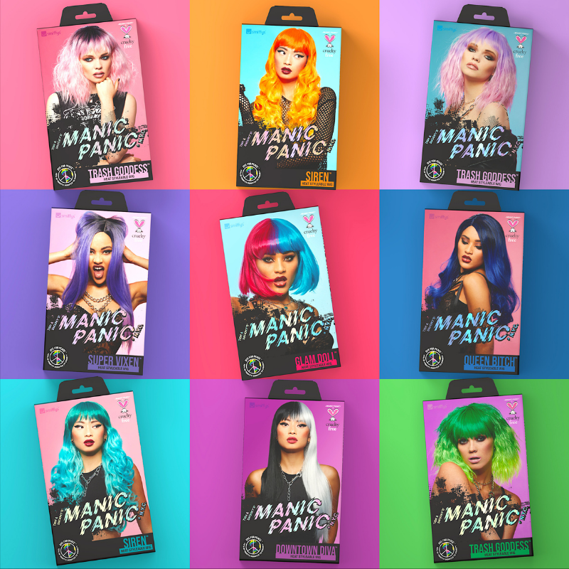 Grid of Manic Panic festival wigs packages with colorful backgrounds