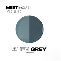 Manic Panic Male Polish Alien Grey nail polish swatch showing matte smoky grey finish. Vegan, cruelty-free nail lacquer.