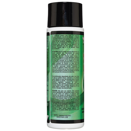 Black cylindrical bottle displaying detailed ingredient information and usage instructions in multiple languages, set against a white background, featuring Manic Panic® LOVE COLOR™ Forest NymphDITIONER.