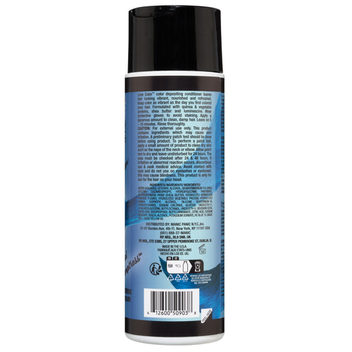 Back view of a Manic Panic LOVE COLOR™ TEAL TEMPTRESS™ CONDITIONER bottle displaying detailed product information, ingredients, and usage instructions in small, dense text, set against a blue and white background.