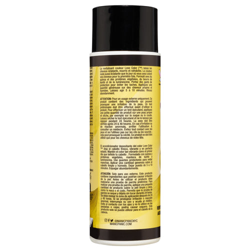A close-up image of the back label of a cylindrical beauty product container, displaying detailed text with usage instructions and ingredients for Manic Panic® LOVE COLOR™ YELLOW HEART™ CONDITIONER.