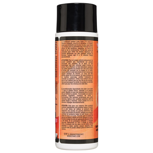 Black cylindrical bottle displaying detailed ingredient information and usage instructions in multiple languages, set against a white background, featuring Manic Panic® LOVE COLOR™ Orange Crush® CONDITIONER.