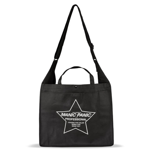 A black messenger bag featuring the Manic Panic professional logo within a white star on the front