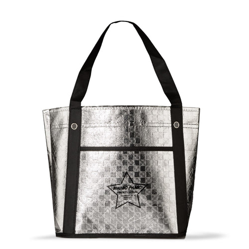 Silver mini tote bag with Manic Panic Professional Logo on the front