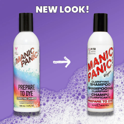 Two bottles of Manic Panic shampoo with a purple background and 'New Look!' text. showing difference between previous lable and new label of front. 