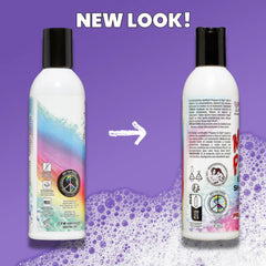 Two bottles of shampoo with a purple background and 'NEW LOOK!' text. Showing differences in label of back of bottle Manic Panic Prepare to Dye  clarifying shampoo  