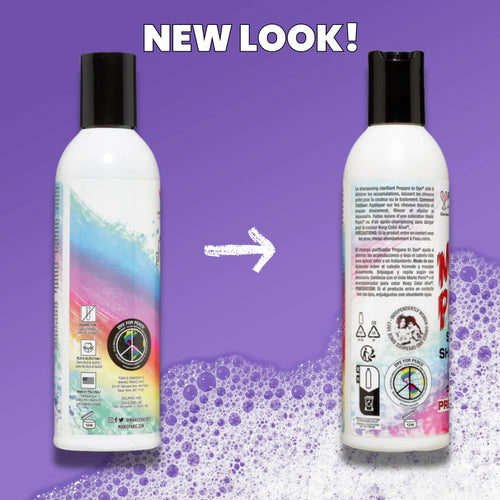 Two bottles of shampoo with a purple background and 'NEW LOOK!' text. Showing differences in label of back of bottle Manic Panic Prepare to Dye  clarifying shampoo  