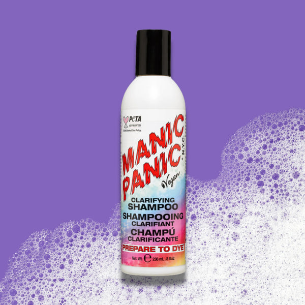 Manic Panic Prepare to Dye  clarifying shampoo bottle on a purple background with soap bubbles