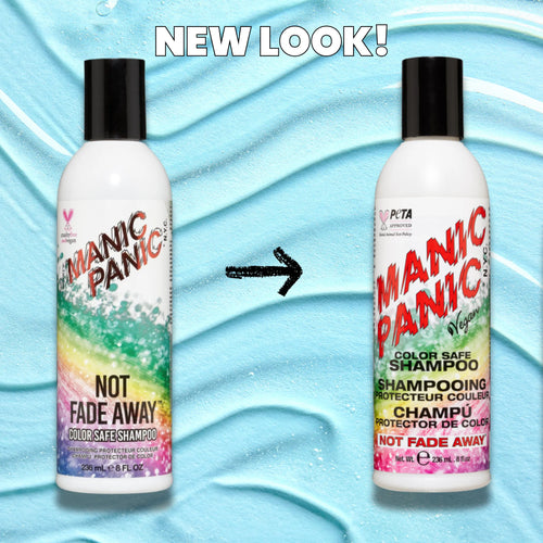 Two bottles of Manic Panic shampoo on a blue wavy background with 'NEW LOOK!' text to show new label vs previous label 