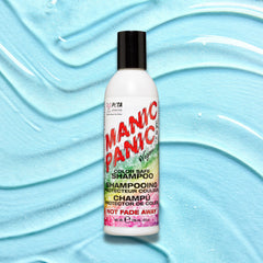 Manic Panic Not Fade Away Color Safe shampoo bottle on a blue textured background