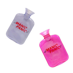 A clear and a pink hot water bottle with a red manic panic logo