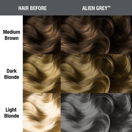 Comparison of hair color before and after using 'Alien Grey' product, showing medium brown, dark blonde, light blonde, and gray hair.