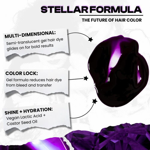 Manic Panic Inter-GEL-actic™ Hair Color Kit Love Power Purple gel hair dye swatch showing cosmic plum purple semi-permanent color formula texture