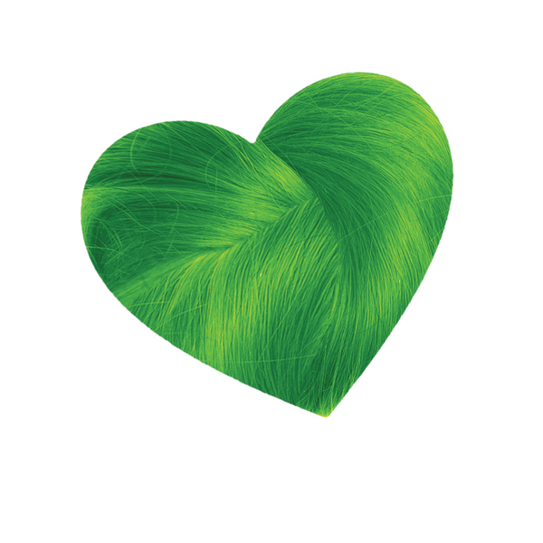 Heart-shaped hair swatch  of Love Color Green Venus Color Depositing Conditioner bright neon green results
