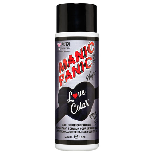 A bottle of Manic Panic® LOVE COLOR™ hair conditioner in "Love Color" shade with a red and black design, marked as vegan and PETA-approved, containing 236 mL of product.