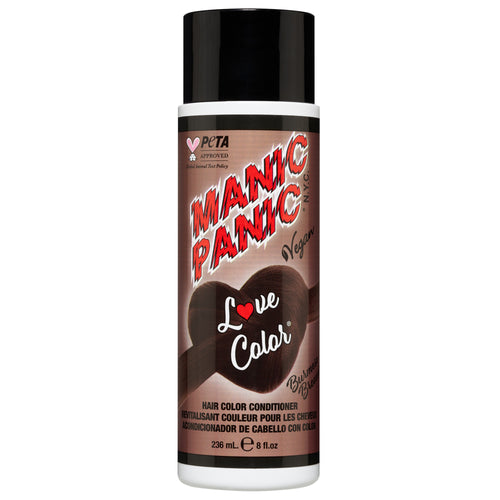 A bottle of Manic Panic® LOVE COLOR™ hair conditioner in "Love Color" shade with a red and black design, marked as vegan and PETA-approved, containing 236 mL of product.