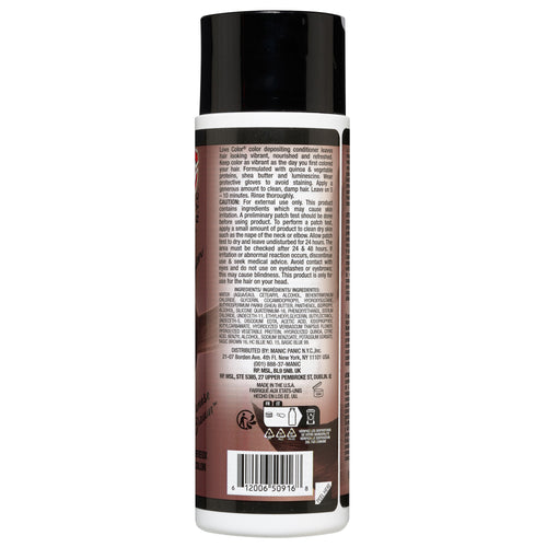 A bottle of Manic Panic® LOVE COLOR™ hair conditioner in "Love Color" shade with a red and black design, marked as vegan and PETA-approved, containing 236 mL of product.