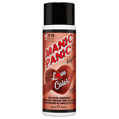 A bottle of Manic Panic® LOVE COLOR™ hair conditioner in "Love Color" shade with a red and black design, marked as vegan and PETA-approved, containing 236 mL of product.